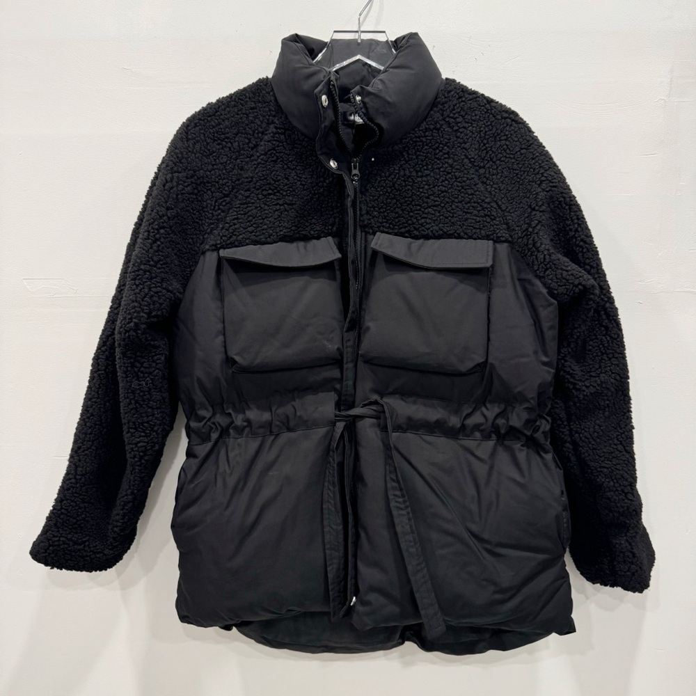 Missguided Tall Borg Mix Cinched Waist Puffer Jacket Black Teddy Size 4